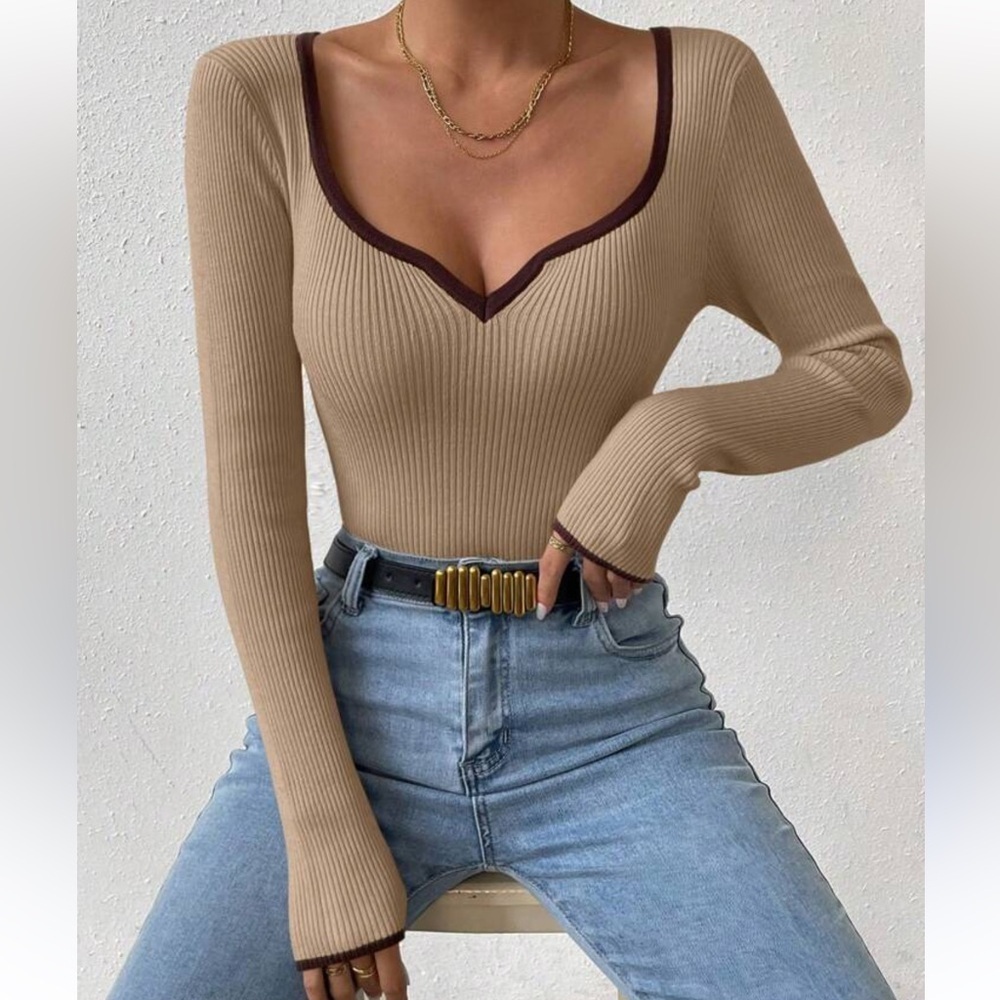 Ribbed V-Neck Tan Sweetheart Neck Contrast Trim Sweater,Long Sleeve Tops S - Picture 3 of 8